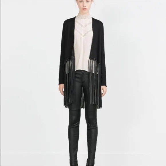 ZARA KNITTED BLACK FRINGE CARDIGAN JACKET - Picture 2 of 7